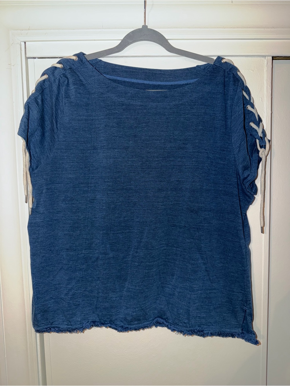 Chico's Navy Blue Women's Top with Lace-Shoulder Detail